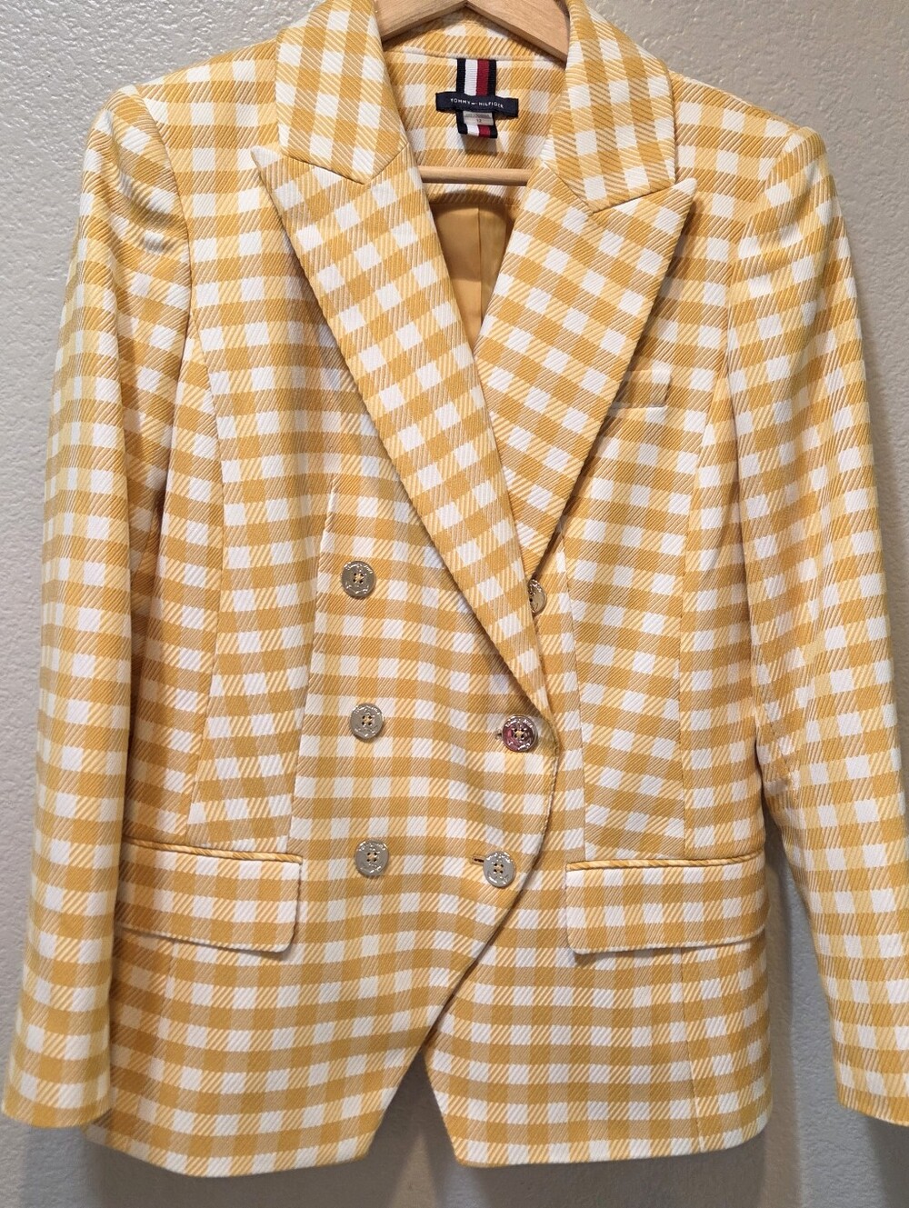 Tommy Hilfiger Mustard Yellow & White Gingham Double-Breasted Blazer 12 Preppy